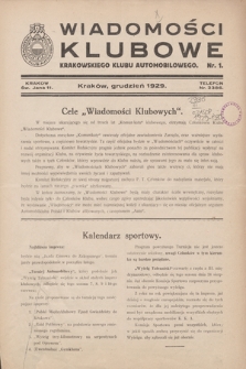 Wiadomości Klubowe Krakowskiego Klubu Automobilowego. 1929, nr 1
