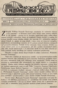 Wiadomości Przemysłu Chemicznego : organ Związku Zawodowego Wielkiego Przemysłu Chemicznego Państwa Polskiego. R. 1, 1926, nr 1
