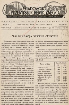 Wiadomości Przemysłu Chemicznego : organ Związku Zawodowego Wielkiego Przemysłu Chemicznego Państwa Polskiego. R. 2, 1927, nr 1