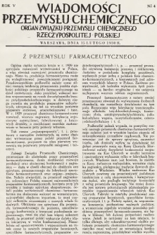 Wiadomości Przemysłu Chemicznego : organ Związku Przemysłu Chemicznego Rzeczypospolitej Polskiej. R. 5, 1930, nr 4