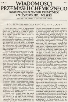 Wiadomości Przemysłu Chemicznego : organ Związku Przemysłu Chemicznego Rzeczypospolitej Polskiej. R. 5, 1930, nr 7