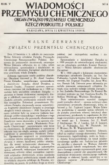 Wiadomości Przemysłu Chemicznego : organ Związku Przemysłu Chemicznego Rzeczypospolitej Polskiej. R. 5, 1930, nr 8