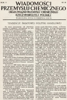 Wiadomości Przemysłu Chemicznego : organ Związku Przemysłu Chemicznego Rzeczypospolitej Polskiej. R. 5, 1930, nr 16