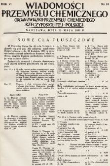 Wiadomości Przemysłu Chemicznego : organ Związku Przemysłu Chemicznego Rzeczypospolitej Polskiej. R. 6, 1931, nr 10