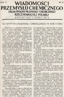 Wiadomości Przemysłu Chemicznego : organ Związku Przemysłu Chemicznego Rzeczypospolitej Polskiej. R. 6, 1931, nr 11