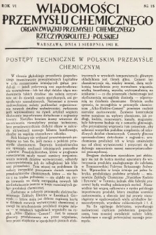 Wiadomości Przemysłu Chemicznego : organ Związku Przemysłu Chemicznego Rzeczypospolitej Polskiej. R. 6, 1931, nr 15