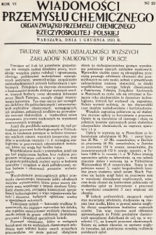 Wiadomości Przemysłu Chemicznego : organ Związku Przemysłu Chemicznego Rzeczypospolitej Polskiej. R. 6, 1931, nr 23