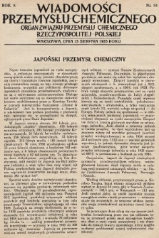 Wiadomości Przemysłu Chemicznego : organ Związku Przemysłu Chemicznego Rzeczypospolitej Polskiej. R. 10, 1935, nr 16