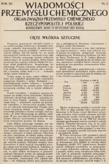 Wiadomości Przemysłu Chemicznego : organ Związku Przemysłu Chemicznego Rzeczypospolitej Polskiej. R. 12, 1937, nr 2