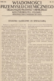 Wiadomości Przemysłu Chemicznego : organ Związku Przemysłu Chemicznego Rzeczypospolitej Polskiej. R. 12, 1937, nr 18
