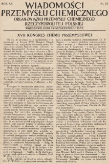 Wiadomości Przemysłu Chemicznego : organ Związku Przemysłu Chemicznego Rzeczypospolitej Polskiej. R. 12, 1937, nr 20