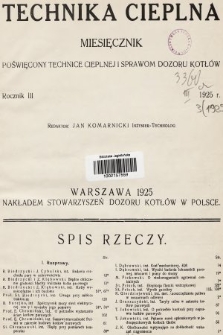 Technika Cieplna : organ Stowarzyszeń Dozoru Kotłów w Polsce. R. 3, 1925, spis rzeczy