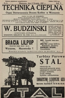 Technika Cieplna : organ Stowarzyszenia Dozoru Kotłów w Warszawie. R. 5, 1927, nr 8