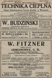 Technika Cieplna : organ Stowarzyszenia Dozoru Kotłów w Warszawie. R. 5, 1927, nr 9