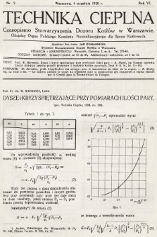 Technika Cieplna : czasopismo Stowarzyszenia Dozoru Kotłów w Warszawie : oficjalny organ Polskiego Komitetu Normalizacyjnego dla Spraw Kotłowych. R. 6, 1928, nr 9