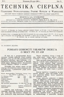 Technika Cieplna : czasopismo Stowarzyszenia Dozoru Kotłów w Warszawie : oficjalny organ Polskiego Komitetu Normalizacyjnego dla Spraw Kotłowych. R. 10, 1932, nr 5