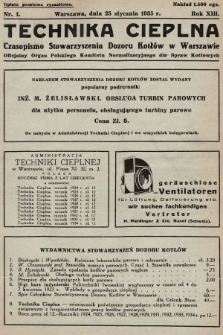 Technika Cieplna : czasopismo Stowarzyszenia Dozoru Kotłów w Warszawie : oficjalny organ Polskiego Komitetu Normalizacyjnego dla Spraw Kotłowych. R. 13, 1935, nr 1