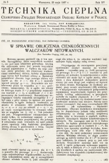 Technika Cieplna : czasopismo Związku Stowarzyszeń Dozoru Kotłów w Polsce. R. 15, 1937, nr 5