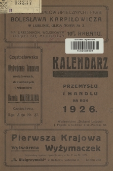 Kalendarz Przemysłu i Handlu Województw: Lubelskiego, Kieleckiego i Kresów Wschodnich na Rok 1926