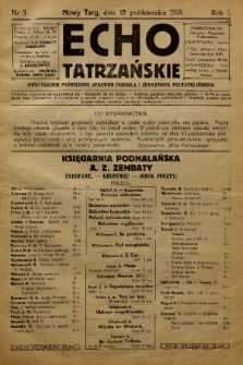Echo Tatrzańskie: dwutygodnik poświęcony sprawom Podhala i zdrojowisk podtatrzańskich. 1918, nr 5