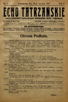 Echo Tatrzańskie: dwutygodnik poświęcony sprawom Tatr Podhala. 1919, nr 1