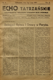 Echo Tatrzańskie: dwutygodnik poświęcony sprawom Tatr Podhala. 1919, nr 8