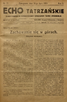 Echo Tatrzańskie: dwutygodnik poświęcony sprawom Tatr Podhala. 1919, nr 12