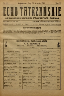Echo Tatrzańskie: dwutygodnik poświęcony sprawom Tatr Podhala. 1919, nr 13