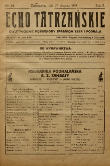 Echo Tatrzańskie: dwutygodnik poświęcony sprawom Tatr Podhala. 1919, nr 14