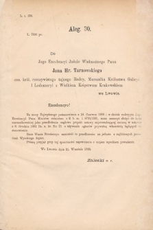 [Kadencja V, sesja VI, al. 30] Alegata do Tomu Pierwszego Sprawozdań Stenograficznych z Szóstej Sesyi Piątego Peryodu Sejmu Krajowego Królestwa Galicyi i Lodomeryi wraz z Wielkiem Księstwem Krakowskiem z roku 1888. Alegat 30