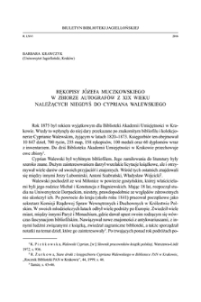 Rękopisy Józefa Muczkowskiego w zbiorze autografów z XIX wieku należących niegdyś do Cypriana Walewskiego