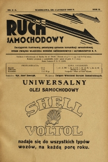 Ruch Samochodowy : Dwutygodnik ilustrowany, poświęcony sprawom komunikacji samochodowej, organ Związku Właścicieli Dorożek Samochodowych i Autobusowych R.P.. 1928, nr 2-3