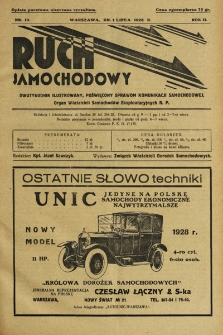 Ruch Samochodowy : Dwutygodnik ilustrowany, poświęcony sprawom komunikacji samochodowej, organ Związku Właścicieli Dorożek Samochodowych i Autobusowych R.P.. 1928, nr 13