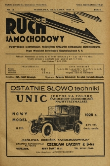 Ruch Samochodowy : Dwutygodnik ilustrowany, poświęcony sprawom komunikacji samochodowej, organ Związku Właścicieli Dorożek Samochodowych i Autobusowych R.P.. 1928, nr 14