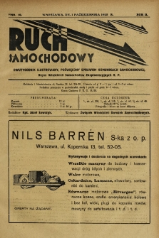 Ruch Samochodowy : Dwutygodnik ilustrowany, poświęcony sprawom komunikacji samochodowej, organ Związku Właścicieli Dorożek Samochodowych i Autobusowych R.P.. 1928, nr 19