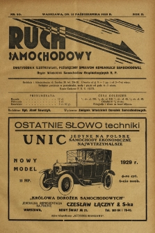 Ruch Samochodowy : Dwutygodnik ilustrowany, poświęcony sprawom komunikacji samochodowej, organ Związku Właścicieli Dorożek Samochodowych i Autobusowych R.P.. 1928, nr 20