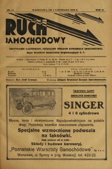 Ruch Samochodowy : Dwutygodnik ilustrowany, poświęcony sprawom komunikacji samochodowej, organ Związku Właścicieli Dorożek Samochodowych i Autobusowych R.P.. 1928, nr 21