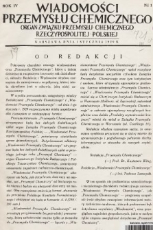 Wiadomości Przemysłu Chemicznego : organ Związku Przemysłu Chemicznego Rzeczypospolitej Polskiej. R. 4, 1929, nr 1