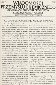 Wiadomości Przemysłu Chemicznego : organ Związku Przemysłu Chemicznego Rzeczypospolitej Polskiej. R. 4, 1929, nr 10