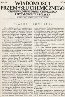 Wiadomości Przemysłu Chemicznego : organ Związku Przemysłu Chemicznego Rzeczypospolitej Polskiej. R. 4, 1929, nr 14