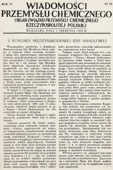 Wiadomości Przemysłu Chemicznego : organ Związku Przemysłu Chemicznego Rzeczypospolitej Polskiej. R. 4, 1929, nr 15