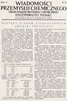Wiadomości Przemysłu Chemicznego : organ Związku Przemysłu Chemicznego Rzeczypospolitej Polskiej. R. 4, 1929, nr 18