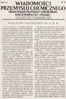 Wiadomości Przemysłu Chemicznego : organ Związku Przemysłu Chemicznego Rzeczypospolitej Polskiej. R. 4, 1929, nr 19