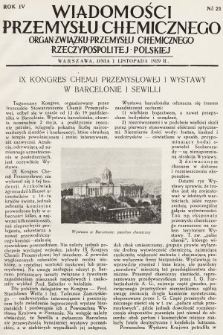 Wiadomości Przemysłu Chemicznego : organ Związku Przemysłu Chemicznego Rzeczypospolitej Polskiej. R. 4, 1929, nr 21