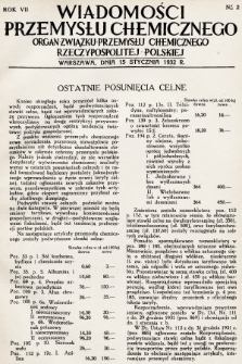Wiadomości Przemysłu Chemicznego : organ Związku Przemysłu Chemicznego Rzeczypospolitej Polskiej. R. 7, 1932, nr 2
