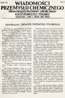 Wiadomości Przemysłu Chemicznego : organ Związku Przemysłu Chemicznego Rzeczypospolitej Polskiej. R. 7, 1932, nr 9