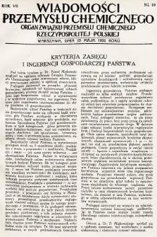 Wiadomości Przemysłu Chemicznego : organ Związku Przemysłu Chemicznego Rzeczypospolitej Polskiej. R. 7, 1932, nr 10