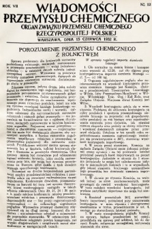 Wiadomości Przemysłu Chemicznego : organ Związku Przemysłu Chemicznego Rzeczypospolitej Polskiej. R. 7, 1932, nr 12