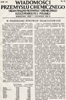 Wiadomości Przemysłu Chemicznego : organ Związku Przemysłu Chemicznego Rzeczypospolitej Polskiej. R. 7, 1932, nr 21