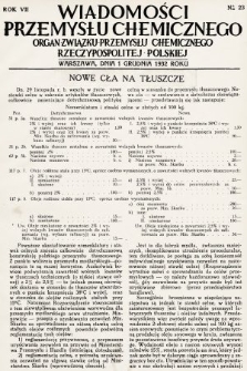 Wiadomości Przemysłu Chemicznego : organ Związku Przemysłu Chemicznego Rzeczypospolitej Polskiej. R. 7, 1932, nr 23